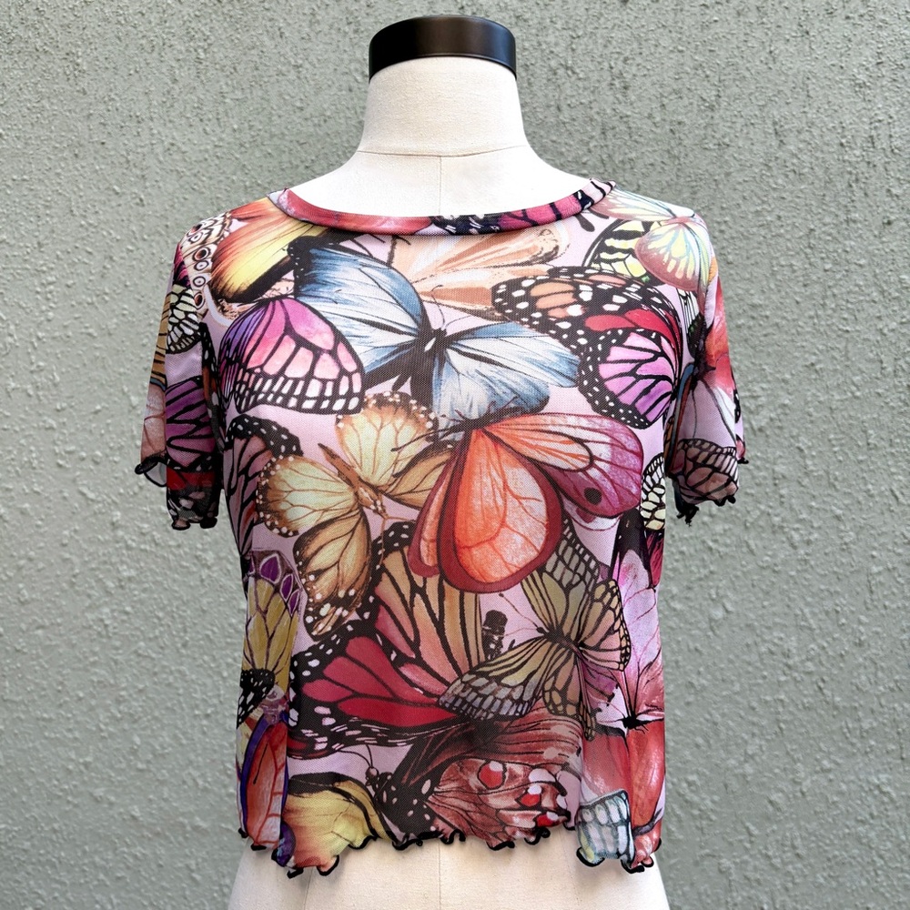 G Mini Mesh Butterfly Crop Top Shirt Size M Rave Festival S/S Layer Sheer Y2K
